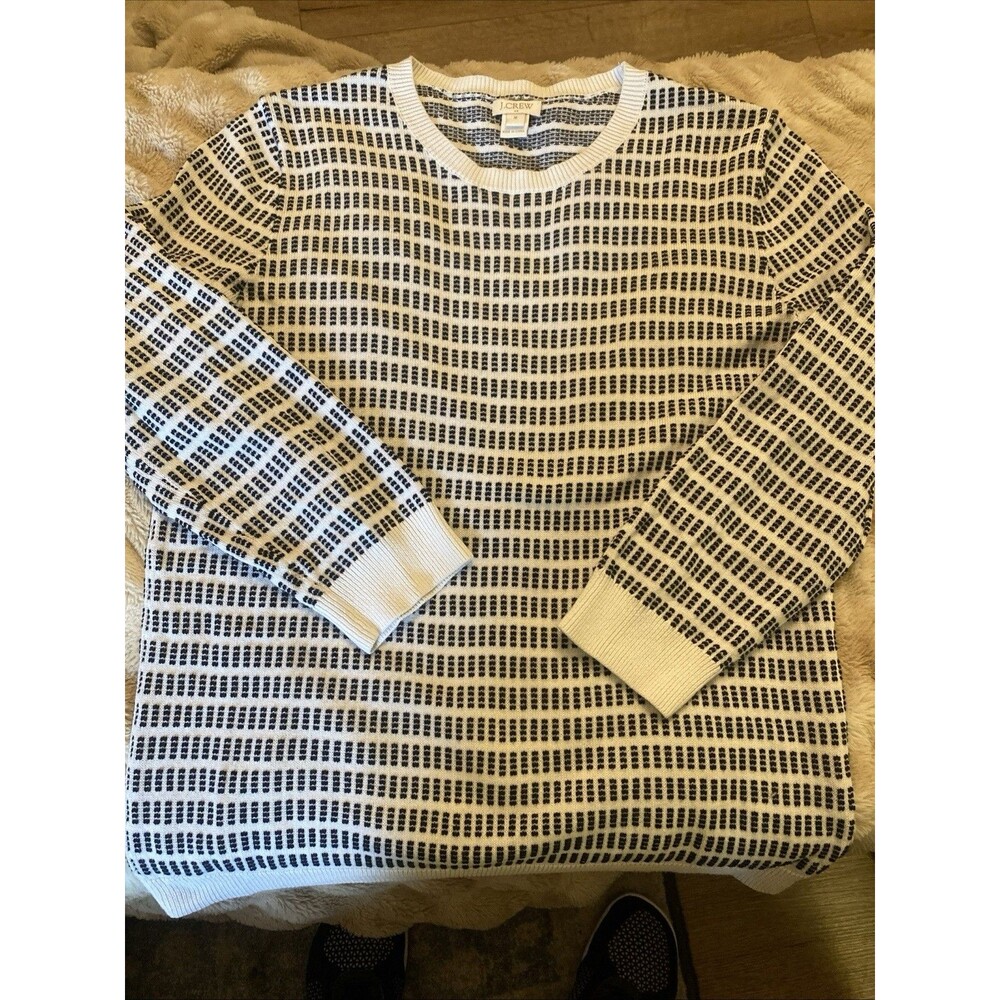 J.Crew Womens Sz M Black White Textured Geometric Cotton Crewneck Sweater Preppy